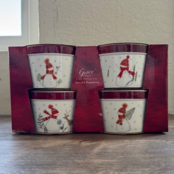 Set 4 Ramekins for Holidays - 4 Snowmen designs - Fine Porcelain - BNIB - Picture 2 of 8